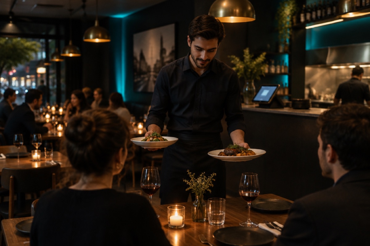Escena ilustrativa de un restaurante en pleno servicio, con el mozo llevando los platos y la caja al fondo