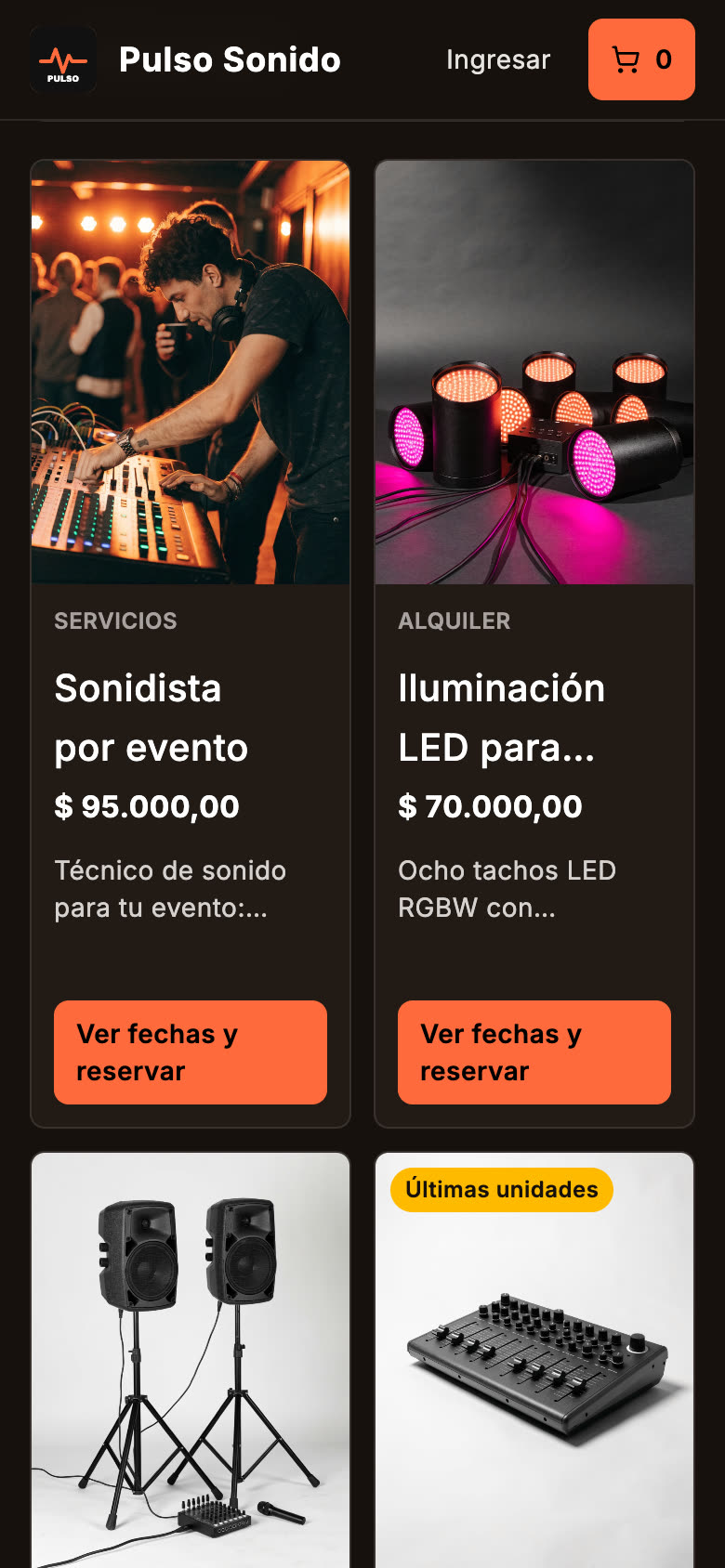 Tienda de ejemplo Pulso Sonido, de audio e iluminación, en naranja